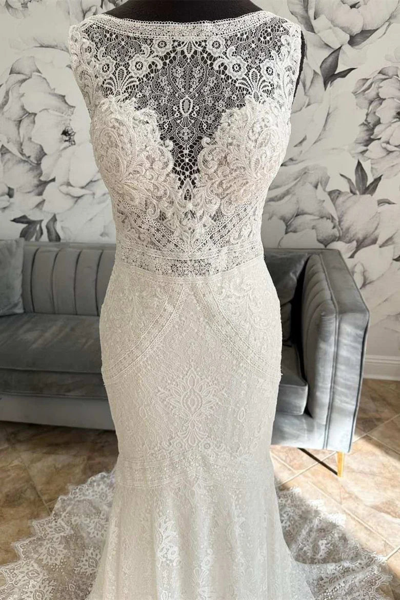 Robe de mariée longue sirène en dentelle à dos ouvert